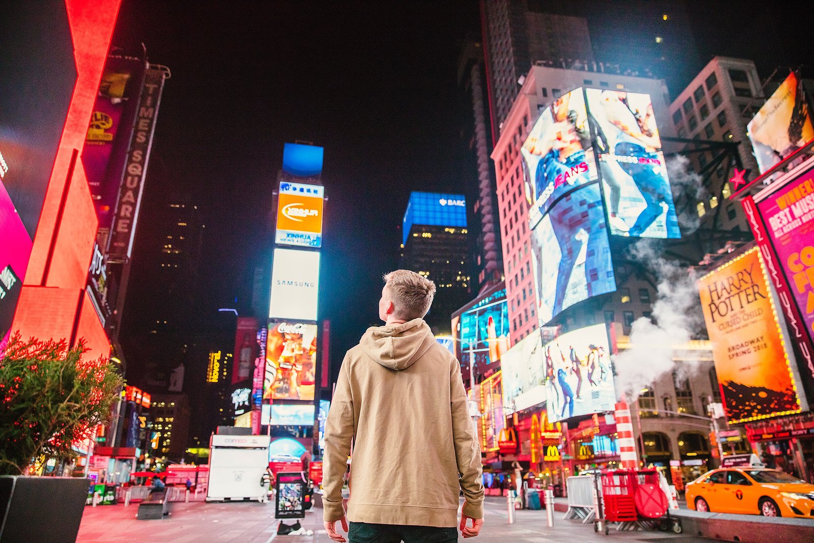 Times Square at night — media in motion